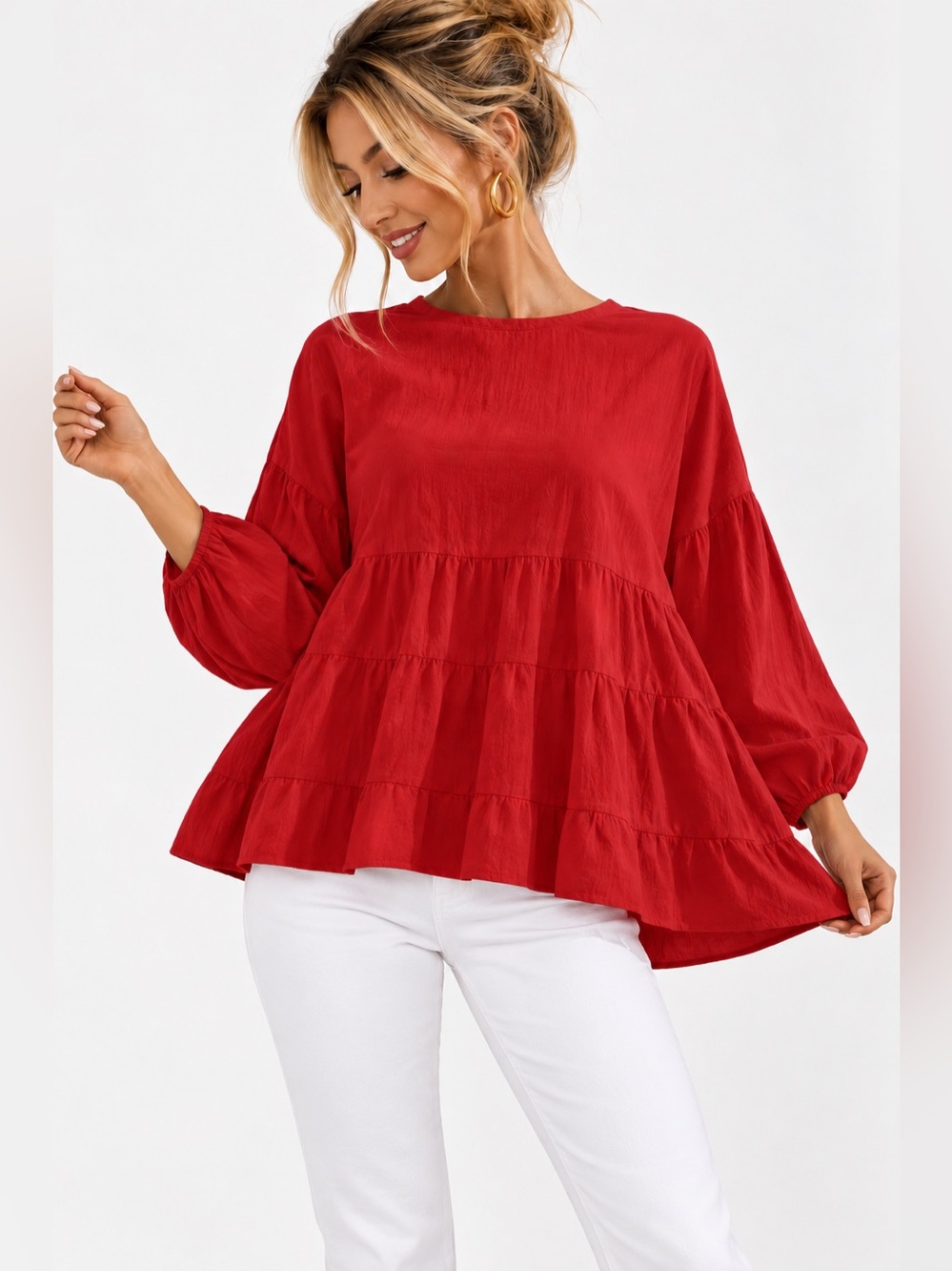 Red Babydoll Tiered Blouse Tunic W/Keyhole Back Closure | New | Medium | Swing